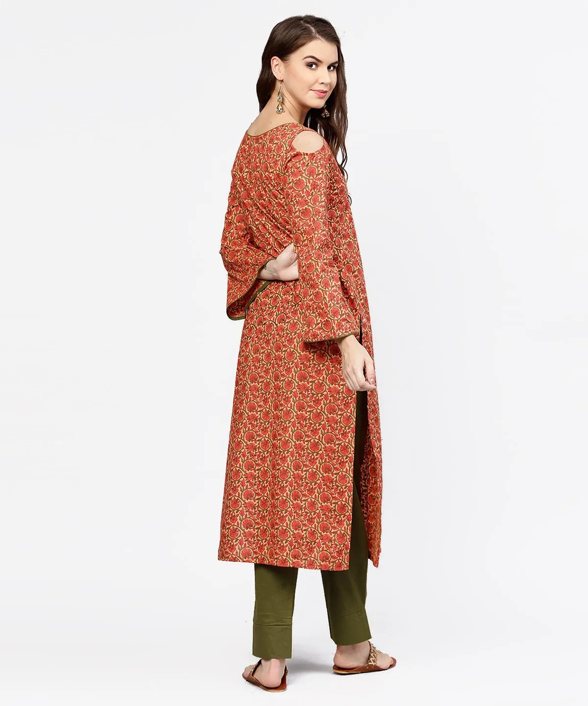 Red Printed Long Sleeve Cold Shoulder Cotton Kurta With Green Ankle Length Palazzo