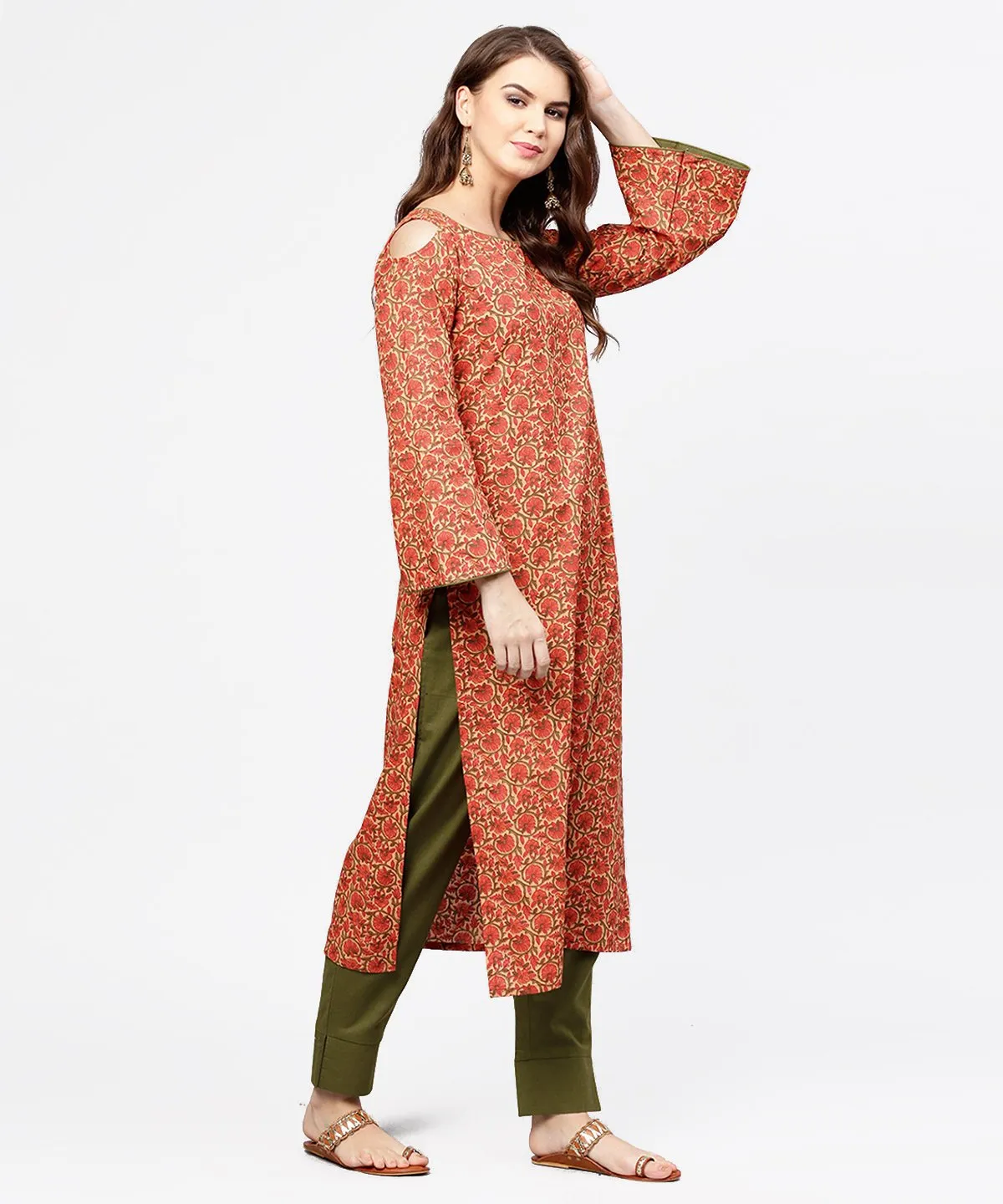 Red Printed Long Sleeve Cold Shoulder Cotton Kurta With Green Ankle Length Palazzo