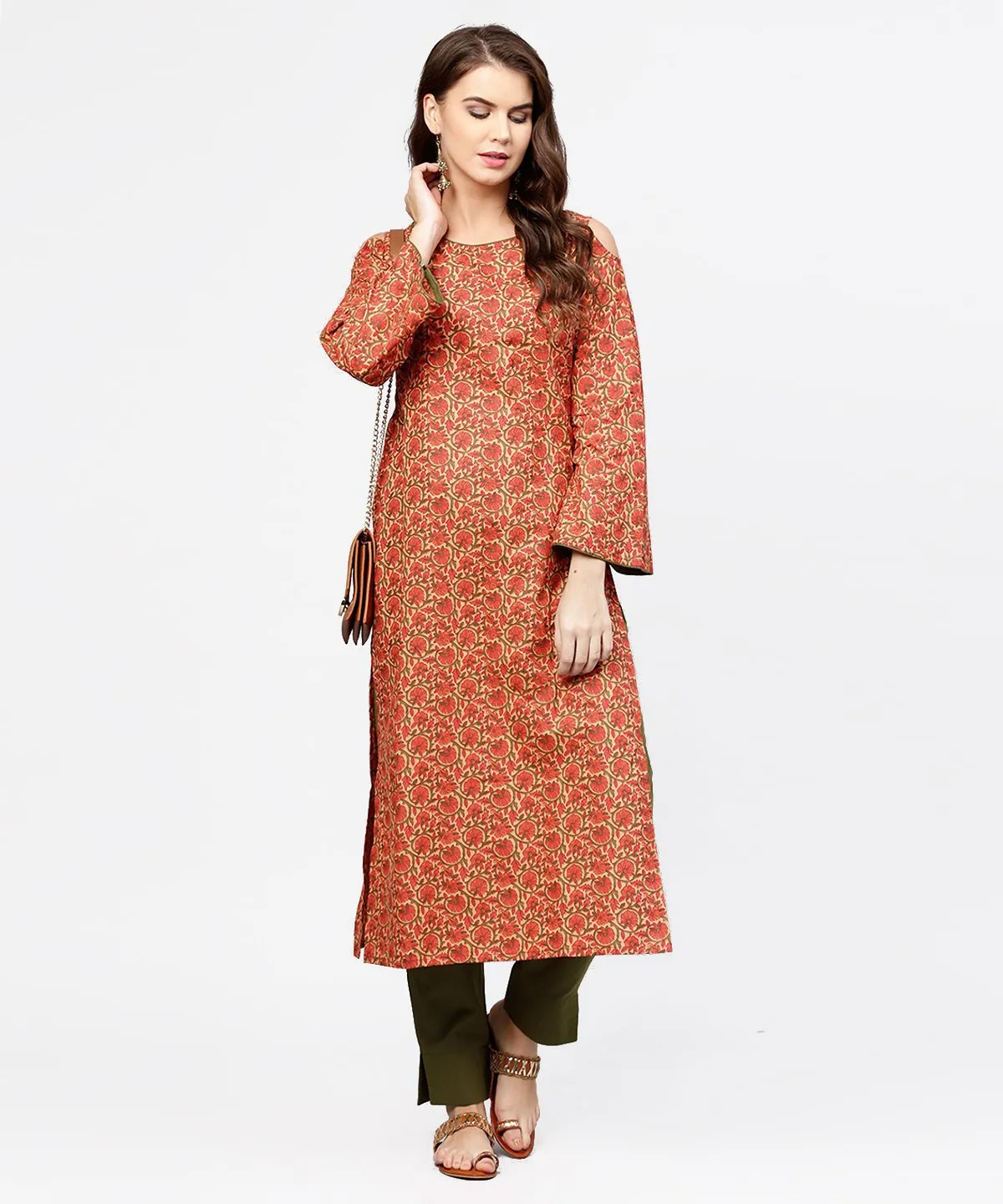 Red Printed Long Sleeve Cold Shoulder Cotton Kurta With Green Ankle Length Palazzo