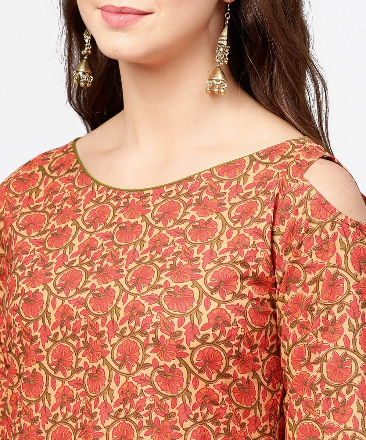 Red Printed Long Sleeve Cold Shoulder Cotton Kurta With Green Ankle Length Palazzo