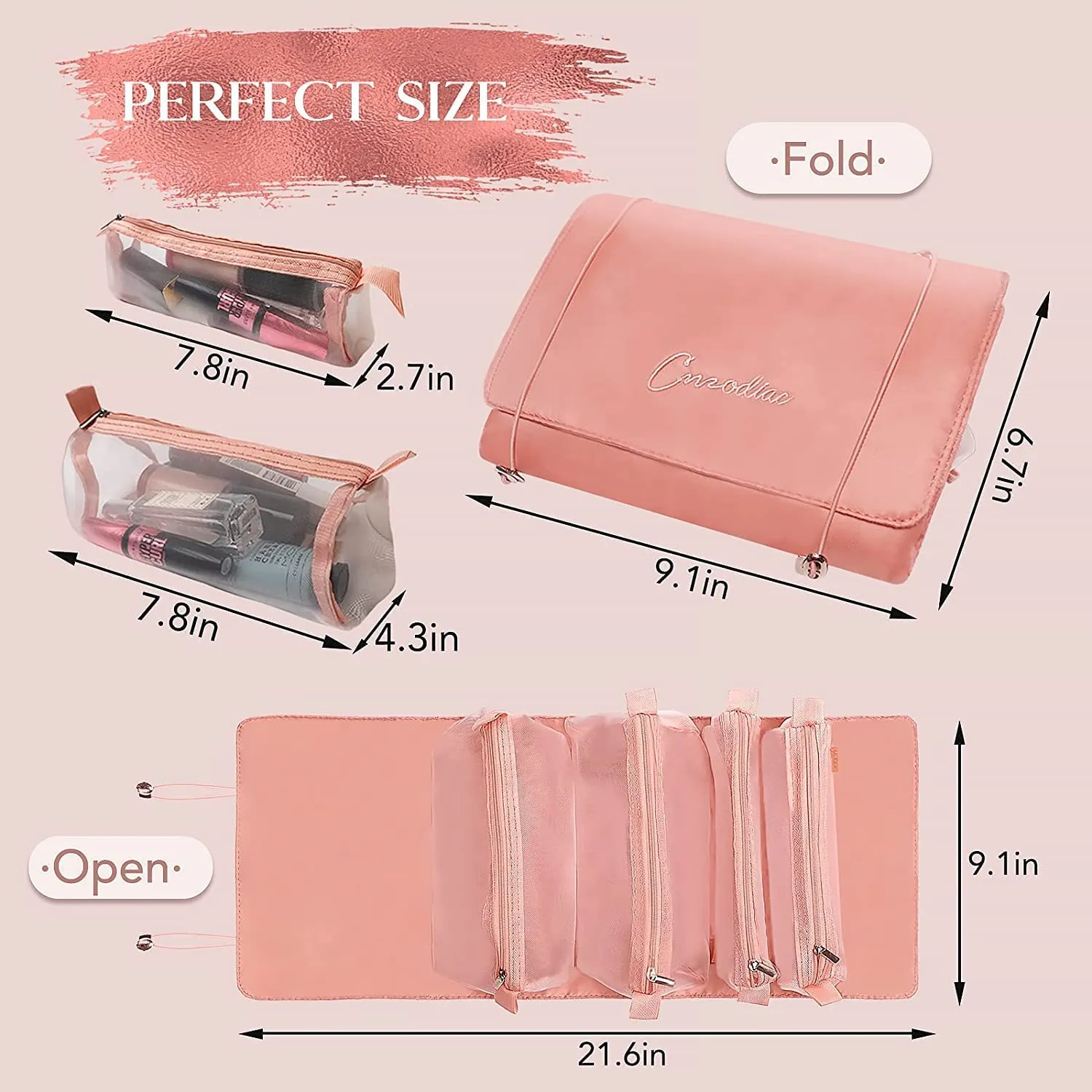 Renva Professional Cosmetic Makeup Kit Storage Makeup Pouches for Women, Makeup Bag Makeup Organizer, Foldable Make up Pouch for Makeup Accessories, Storage Bag for Cosmetics (1 PCS, Rose Pink)