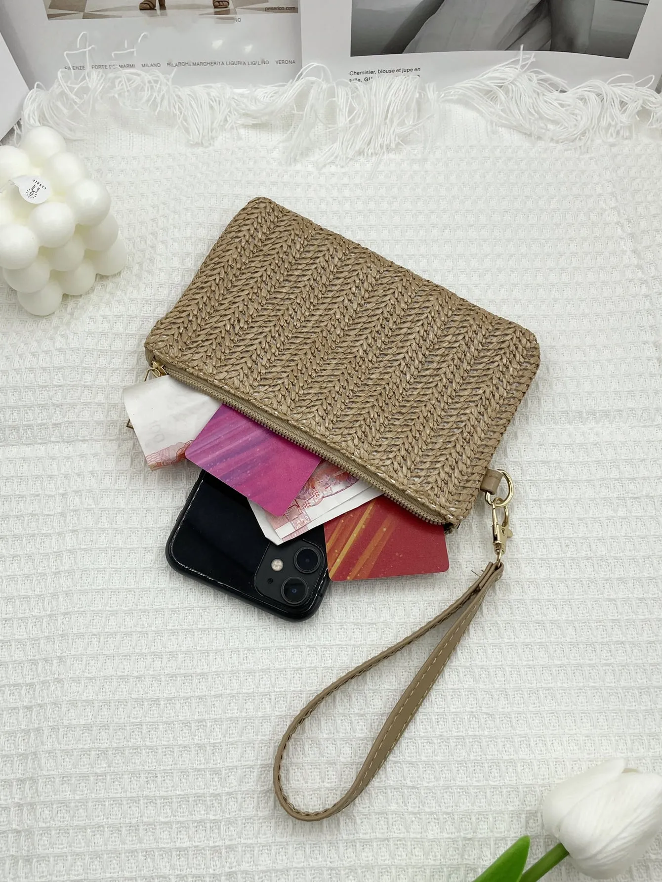 Straw Pattern Coin Purse Zipper Mini Bag Change Pouch Small Coin Case