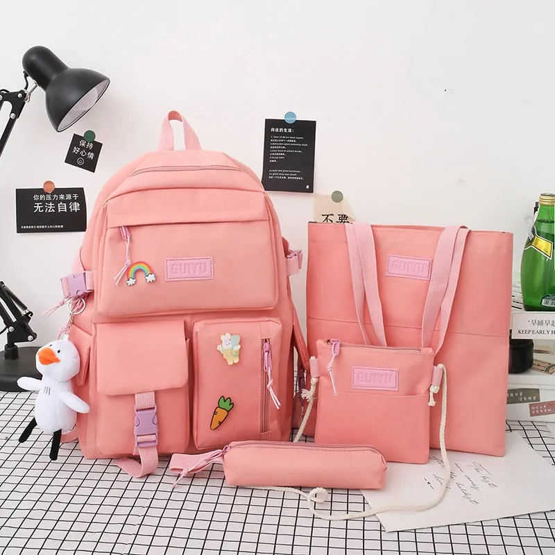 Wenkouban 4-piece Set Of Harajuku Style Fashion Women's Backpack Canvas Waterproof School Backpacks Large-capacity All-match Travel Bag